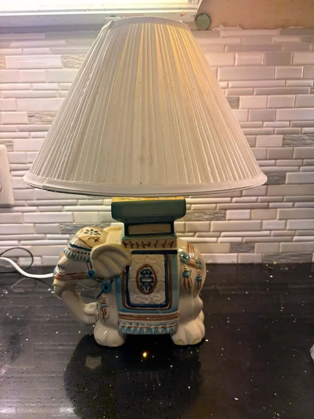 Vintage Ceramic Elephant Table Lamp Blue White Gold Accents With Shade